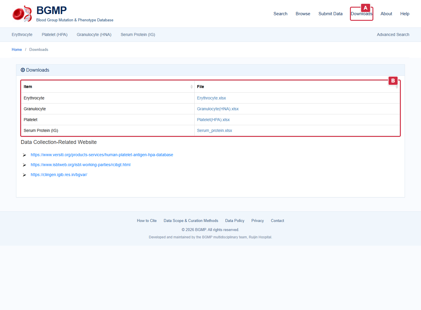 Download guide: A Downloads navigation, B workbook links